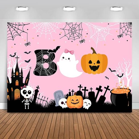 Mocsicka Halloween Boo Backdrop Cute Spooky Ghost Pumpkin Trick or Treat Background Pink Little Boo Girl Baby Shower or Birthday Party Cake Table Decoration Banner Photo Booth Props (7x5ft) in Saudi Arabia