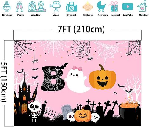 Mocsicka Halloween Boo Backdrop Cute Spooky Ghost Pumpkin Trick or Treat Background Pink Little Boo Girl Baby Shower or Birthday Party Cake Table Decoration Banner Photo Booth Props (7x5ft) in Saudi Arabia