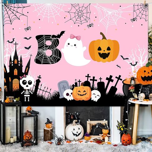 Mocsicka Halloween Boo Backdrop Cute Spooky Ghost Pumpkin Trick or Treat Background Pink Little Boo Girl Baby Shower or Birthday Party Cake Table Decoration Banner Photo Booth Props (7x5ft) in Saudi Arabia