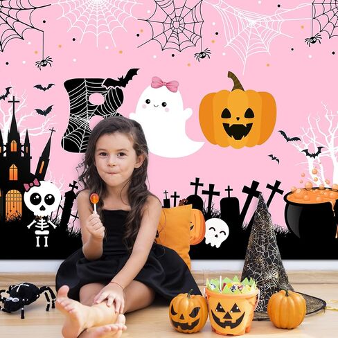 Mocsicka Halloween Boo Backdrop Cute Spooky Ghost Pumpkin Trick or Treat Background Pink Little Boo Girl Baby Shower or Birthday Party Cake Table Decoration Banner Photo Booth Props (7x5ft) in Saudi Arabia
