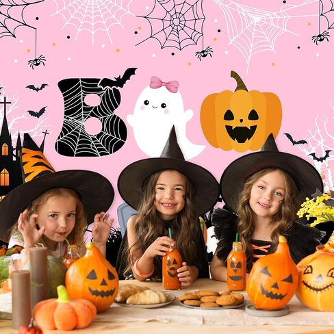 Mocsicka Halloween Boo Backdrop Cute Spooky Ghost Pumpkin Trick or Treat Background Pink Little Boo Girl Baby Shower or Birthday Party Cake Table Decoration Banner Photo Booth Props (7x5ft) in Saudi Arabia