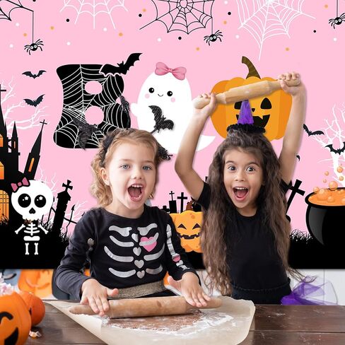 Mocsicka Halloween Boo Backdrop Cute Spooky Ghost Pumpkin Trick or Treat Background Pink Little Boo Girl Baby Shower or Birthday Party Cake Table Decoration Banner Photo Booth Props (7x5ft) in Saudi Arabia