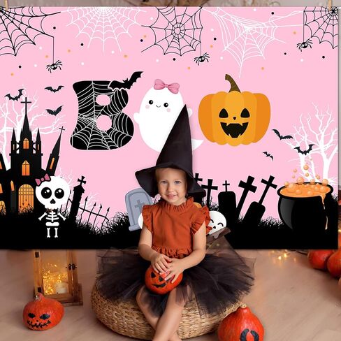 Mocsicka Halloween Boo Backdrop Cute Spooky Ghost Pumpkin Trick or Treat Background Pink Little Boo Girl Baby Shower or Birthday Party Cake Table Decoration Banner Photo Booth Props (7x5ft) in Saudi Arabia