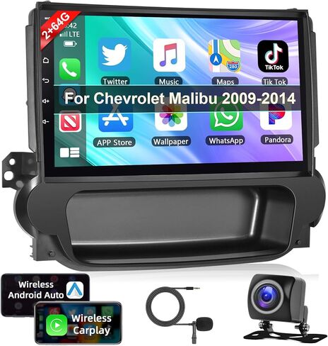 ستيريو سيارة Podofo 2G+64G لسيارة شيفروليه ماليبو 2009-2014 مع Carplay اللاسلكي وAndroid Auto، راديو سيارة بشاشة لمس 9 بوصة مع بلوتوث/GPS/WiFi/SWC/FM&RDS + كاميرا احتياطية AHD + ميكروفون in Saudi Arabia