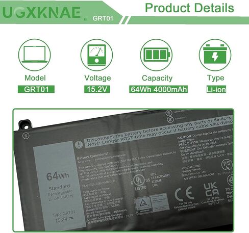 64Wh GRT01 Battery Replacement for Dell Latitude 5421 5431 5521 5531 Precision 3561 3470 3571 3581 Alienware m17 R5 AMD Series Laptop 00P3TJ 0P3TJ 0R05P0 R05P0 05RGW 9JRV0 15.2V 4000mAh 4-Cell in Kuwait