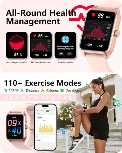Yoever Fitness Tracker with Alexa, 1.8'' Bluetooth Call Activity Trackers and Smartwatches, SpO2 Heart Rate Sleep Monitor, 100 Sports, IP68 Waterproof Step Calorie Counter Pedometer for iPhone Android in Kuwait