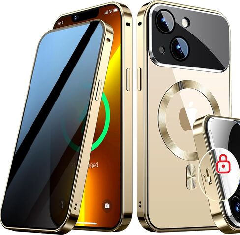 [حماية كاملة للكاميرا وقفل ميكانيكي] حافظة خصوصية مغناطيسية لهاتف iPhone 16 Pro Max [متوافقة مع MagSafe] [حلقة معدنية CD] مصد معدني مقاوم للصدمات لكامل الجسم، غطاء زجاجي مضاد للرؤية 9H - ذهبي in Saudi Arabia