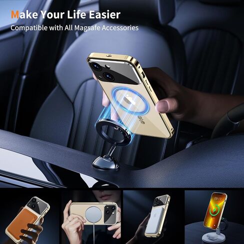 [حماية كاملة للكاميرا وقفل ميكانيكي] حافظة خصوصية مغناطيسية لهاتف iPhone 16 Pro Max [متوافقة مع MagSafe] [حلقة معدنية CD] مصد معدني مقاوم للصدمات لكامل الجسم، غطاء زجاجي مضاد للرؤية 9H - ذهبي in Saudi Arabia
