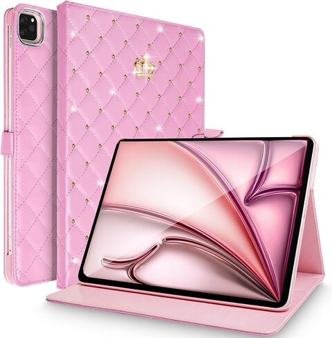 for iPad Air 13 Inch Case M2 (2024), iPad Pro 12.9 Case (6th/5th/4th Gen,2022/2021/2020),Cute Crown Rhinestone Elegant PU Leather Auto Sleep/Wake Stand Protective Case for iPad Air 13" (Pink) in Saudi Arabia
