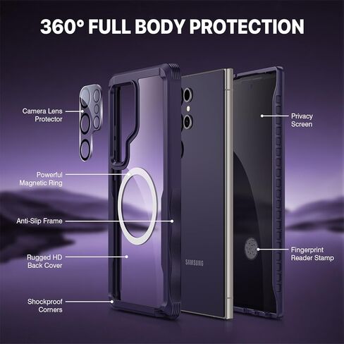 حافظة CENHUFO مغناطيسية لهاتف Samsung Galaxy S24 Ultra، غطاء هاتف الخصوصية مع واقي شاشة مدمج مضاد للزقزقة وواقي عدسة الكاميرا، ممتص للصدمات مزدوج الجوانب مضاد للصدمات لكامل الجسم - أرجواني in Saudi Arabia
