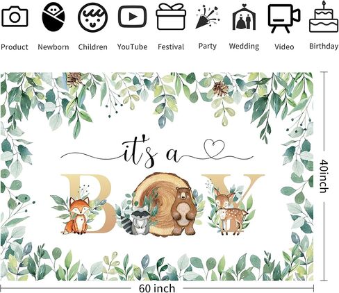 ديكورات خلفية استحمام الطفل من وودلاند، لوازم راية خلفية للحفلات من وودلاند بيبي بوي، لافتة كشك تصوير خلفية لمخلوقات الغابة الحيوانية | 5x3ft in Kuwait