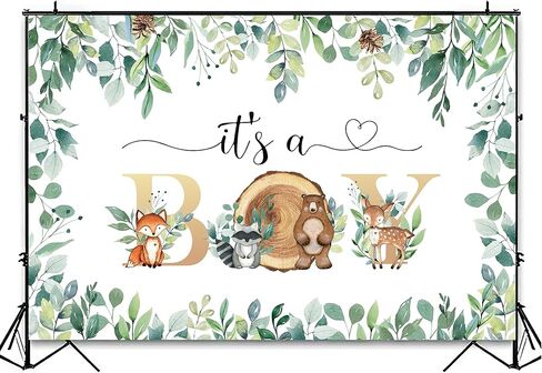 ديكورات خلفية استحمام الطفل من وودلاند، لوازم راية خلفية للحفلات من وودلاند بيبي بوي، لافتة كشك تصوير خلفية لمخلوقات الغابة الحيوانية | 5x3ft in Kuwait