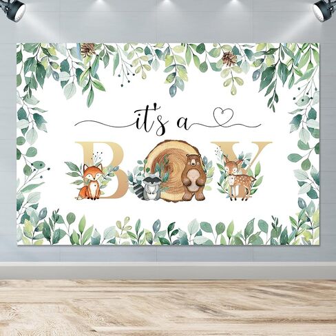 ديكورات خلفية استحمام الطفل من وودلاند، لوازم راية خلفية للحفلات من وودلاند بيبي بوي، لافتة كشك تصوير خلفية لمخلوقات الغابة الحيوانية | 5x3ft in Kuwait