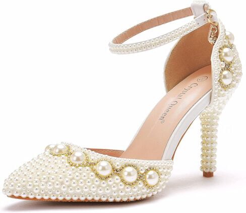 Women High Heel Pointed Toe Sandals Ivory Pearls Chains Stiletto Heels Pumps for Bridal Wedding Evening Party in Saudi Arabia