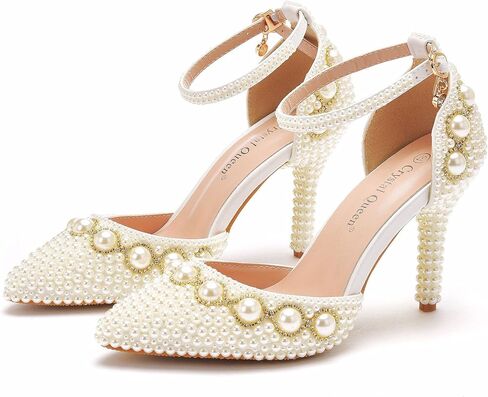 Women High Heel Pointed Toe Sandals Ivory Pearls Chains Stiletto Heels Pumps for Bridal Wedding Evening Party in Saudi Arabia