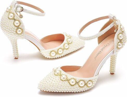 Women High Heel Pointed Toe Sandals Ivory Pearls Chains Stiletto Heels Pumps for Bridal Wedding Evening Party in Saudi Arabia