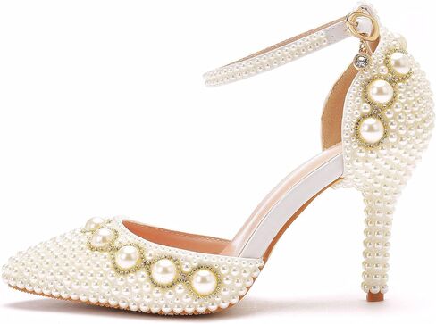 Women High Heel Pointed Toe Sandals Ivory Pearls Chains Stiletto Heels Pumps for Bridal Wedding Evening Party in Saudi Arabia