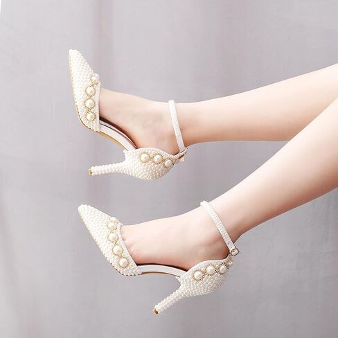 Women High Heel Pointed Toe Sandals Ivory Pearls Chains Stiletto Heels Pumps for Bridal Wedding Evening Party in Saudi Arabia
