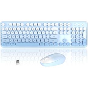 Colorful Wireless Keyboard and Mouse Combo, 2.4GHz Wireless Retro Cute Round Keycaps Keyboard, 104 Keys Full-Sized Keyboard Mouse Set with Switch Button for PC Laptop Desktop (Blue Gradient)