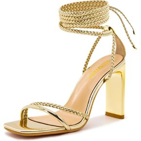 Strappy Heels for Women Lace Up Heels Braided Tie Up High Heeled Sandals Square Open Toe Chunky Block Heels Party Dress Shoes