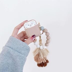 Fashion Cute Stripe for Apple AirPods 1&2 Case,Silicone Case for AirPods Wireless Charging Case with Silicone Beaded Bracelet Colorful Tassel Charm Keychain Accessories (Khaki)
