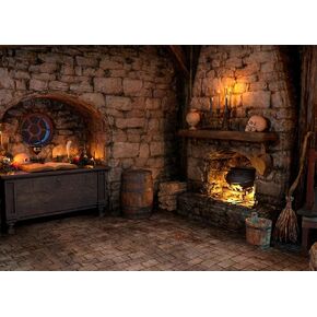 BELECO 7x5ft Fabric Spooky Witch Cottage Backdrop Halloween Magic Room Witch Kitchen Fireplace Magical Potion Books Candle Skulls Sorcerer Photography Background Witch Party Decorations Photo Props