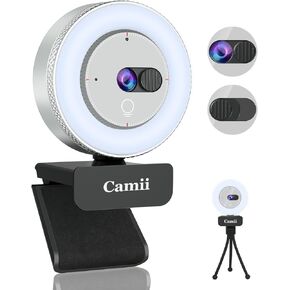 Camii 2K Webcam, Webcam for PC with HD Ring Light and Privacy Cover, Noise-Canceling Microphone, Auto-Focus, 2K 30FPS Streaming Camera USB Plug-n-Play for PC/Laptop/Teams/Zoom Skype/Google Meet