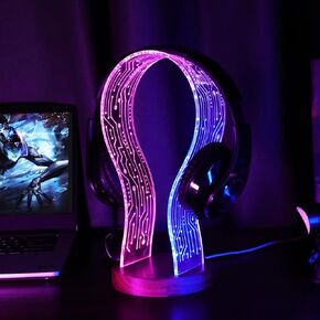 Gifts for Gamers and Music Lovers, Light Up Headphone Stand, Walnut Wood Headset Holder with Blue Pink LED Night Light, Ideal Desk Accessory