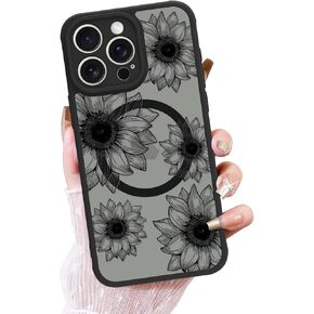 OOK Black Case Design for iPhone 16 Pro Case [Compatible with MagSafe], Cute Sunflower Floral Blooms Design Frosted Shockproof for Women Girls Magnetic Phone Cover - Black Flower in Kuwait