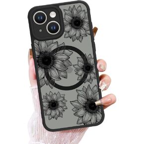OOK Black Case Design for iPhone 16 Pro Case [Compatible with MagSafe], Cute Sunflower Floral Blooms Design Frosted Shockproof for Women Girls Magnetic Phone Cover - Black Flower in Saudi Arabia