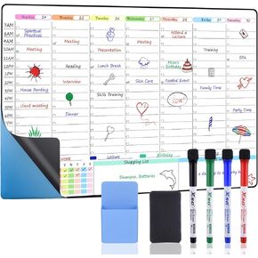 POPRUN Weekly Dry Erase Board Family Calendar for Wall & Glass & Wooden, Non-Magnetic Family Weekly Meal Planner, Self-Adhesive Family Chore Chart 5 Columns for 5 People Wall Calendar 23.6" × 15.7" in Kuwait