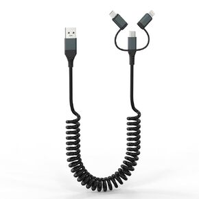 3 in 1 Coiled USB to USB-C and Lightning Cable Combo, 3A Fast Charge & Data Sync & MFi, Apple Carplay & Android Auto Compatible, Coiled Lightning/Type C/Micro USB Cable for iPhone, Android and More