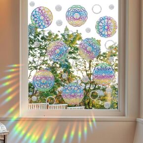Boho Rainbow Sun Window Decal, Positive Quote Rainbow Sun Catcher Stickers for Grass Window, Non Adhesive Prismatic Window Clings, Rainbow Stars Sticker Save Birds from Window Collisions