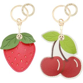 2 Pack Cute Strawberry Cherry Airtag Leather Keychain Holder for Women, Kawaii Fruit Key Ring Case Cover for Apple Airtag
