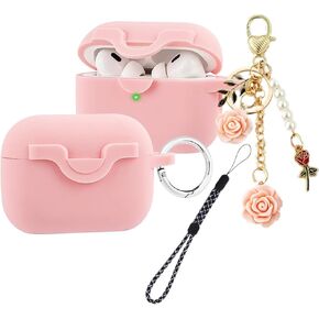 Lock Case for Airpods Pro 2nd Generation/1st Gen Case with Cute Flowers Keychain Lanyard,Silicone Protective Case Cover for Airpods Pro 2 Case Women Girls for Apple Air pod pro (2019/2022) (Pink)