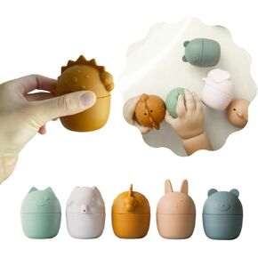 100% Food Grade Silicone Bath Toys for Toddlers 1-3 Year Old - Set of 5 Collapsible Bathtub Toys Featuring Dinosaur & Farm Animals - Fun Dishwasher Safe Water Toys for Toddlers and Babies