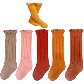Baby Knee High Socks Toddler Girls Tube Ruffled Top Lace Thick Cable Knit Uniform Long Stockings