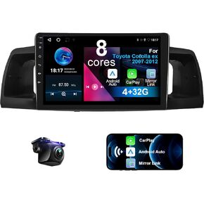Car Stereo for Toyota Corolla EX E130 E120 2007-2012 8 Core Android 12 with Wireless CarPlay Android Auto, 9 inch IPS Touchscreen 4+32G Car Radio Player with Backup Camera, AM/FM/RDS, Hi-Fi, SWC