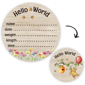 Baby Bear Newborn Baby Birth Announcement Sign, Hello World Newborn Baby Name Sign 6inch Double Sided