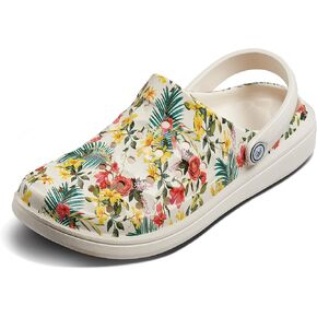 Joybees Womens Varsity Clog, Comfortable Slip-on Water Friendly Athletic Clog, Adults Varsity Clog Graphic, Bone Tropical Floral, Women's Size 10