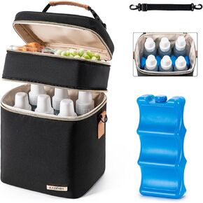 Breastmilk Cooler Bag with Ice Pack Fits 6 Baby Bottles Up to 9 Ounce, Double Deck Leak-Proof Baby Bottles Bag with Shoulder Strap for Nursing & Working Mom, Black