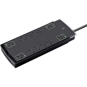 قطاع الطاقة Monoprice 12 Outlet Slim Surge Protector - 10 قدم - أسود | الحبل الثقيل | تصنيف UL، 4,230 جول مع مؤشر ضوئي مؤرض ومحمي