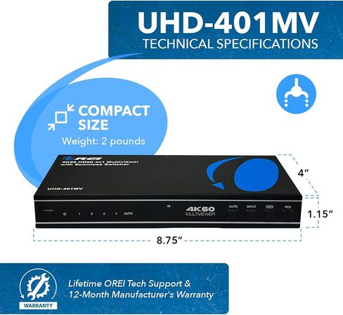 شاشة معالج جدار الفيديو OREI 4K 2x2 HDMI أو USB-C تصل إلى 4K 60 هرتز 2x1، 1x2، 1x3، 1x4 تدعم استخلاص الصوت RS-232 بتدوير 180 درجة (UHD-14VW) in Saudi Arabia