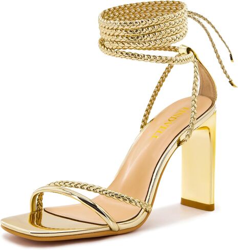 Strappy Heels for Women Lace Up Heels Braided Tie Up High Heeled Sandals Square Open Toe Chunky Block Heels Party Dress Shoes in Kuwait
