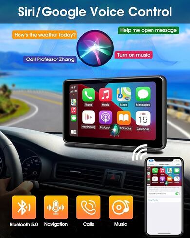 ستيريو سيارة لاسلكي Carplay شاشة لمس لاسلكية محمولة Apple CarPlay وAndroid Auto Auto مشغل الوسائط المتعددة، ستيريو السيارة مع وصلة مرآة/Siri/Bluetooth/شاشة الملاحة لجميع Vehi in Kuwait