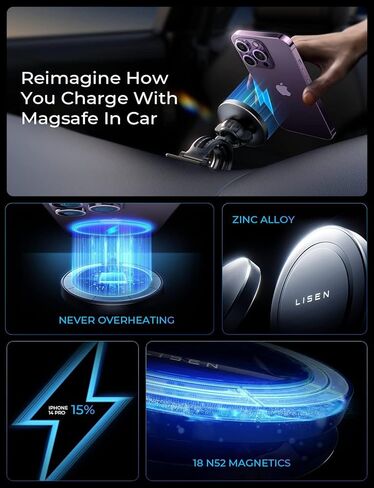 LISEN for 15W MagSafe Car Mount Charger,Universal iPhone Magnetic Wireless Car Charger,MagSafe Charging Mount Wireless for iPhone 16 Pro Max Accessories Fits iPhone 16 15 14 13 12,Matte Purple in Saudi Arabia