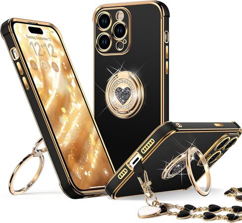 XYZ for iPhone 17 Pro Max Case with Stand, Phone Case with Double Ring Kickstand, Women Girls Bling Luxury Protective Case Heart for iPhone 17 Pro Max, Black in Kuwait