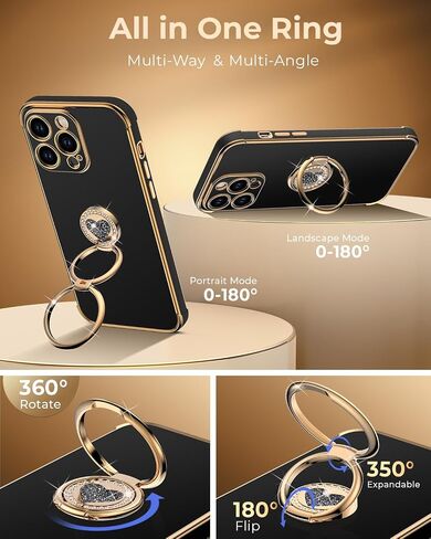 XYZ for iPhone 17 Pro Max Case with Stand, Phone Case with Double Ring Kickstand, Women Girls Bling Luxury Protective Case Heart for iPhone 17 Pro Max, Black in Kuwait