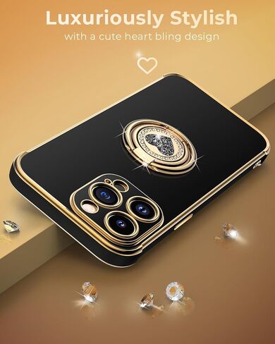 XYZ for iPhone 17 Pro Max Case with Stand, Phone Case with Double Ring Kickstand, Women Girls Bling Luxury Protective Case Heart for iPhone 17 Pro Max, Black in Kuwait