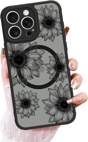 OOK Black Case Design for iPhone 16 Pro Case [Compatible with MagSafe], Cute Sunflower Floral Blooms Design Frosted Shockproof for Women Girls Magnetic Phone Cover - Black Flower in Kuwait